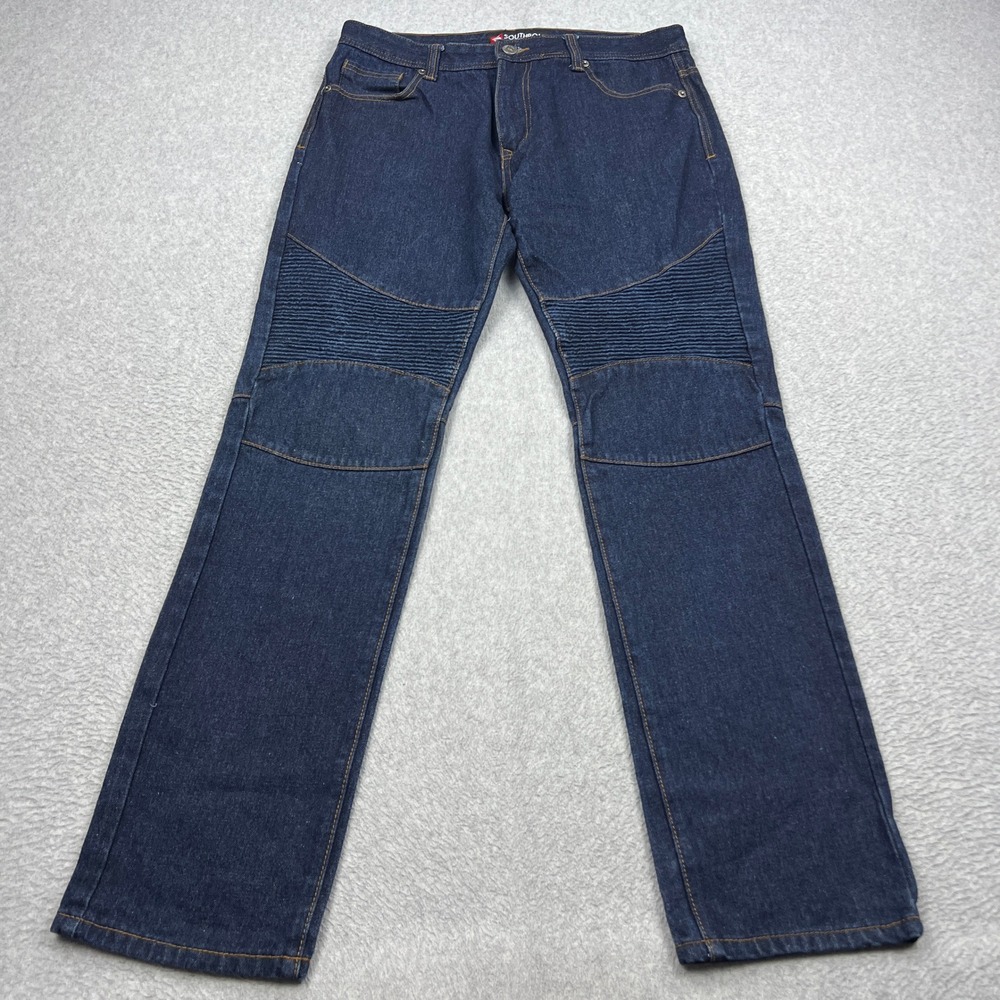 Southpole Moto Jeans Mens 34 Blue Dark Wash Biker Ribbed Knee Straight Leg Denim